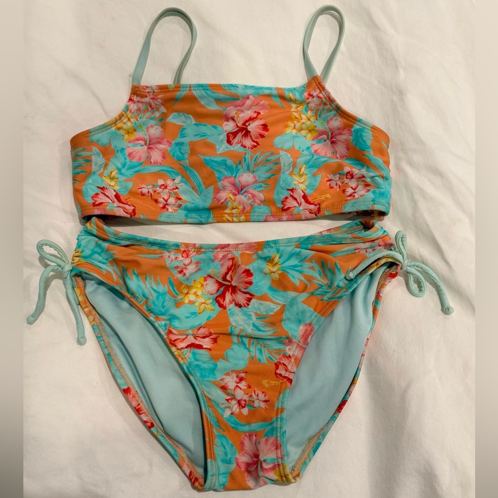 Cat & Jack Floral Kids Swim Suit Bikini - Orange and Blue